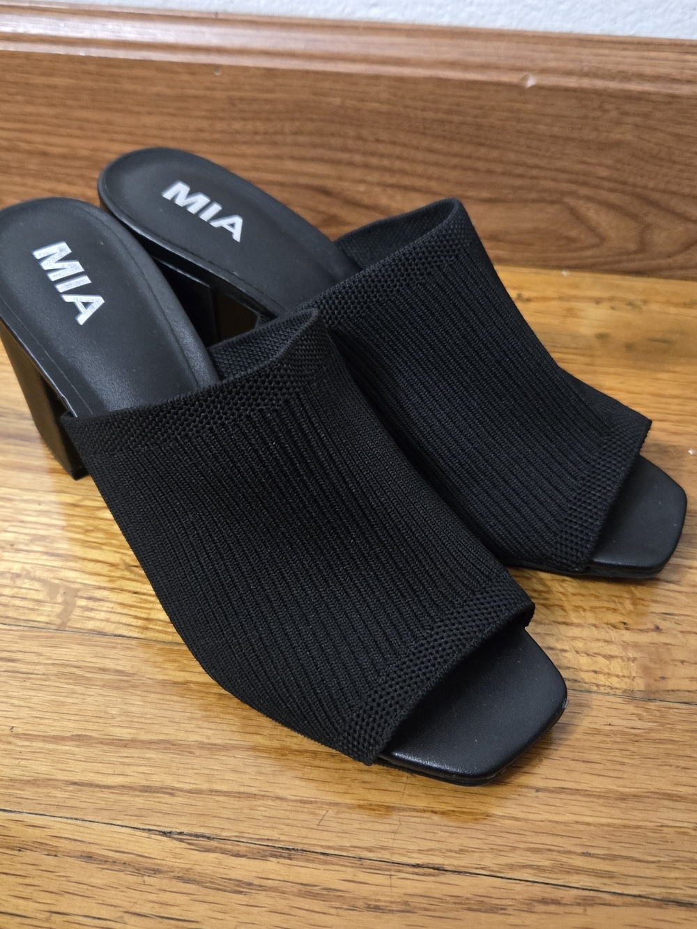 MIA Black Knit Open-Square Toe Block Heel Mule